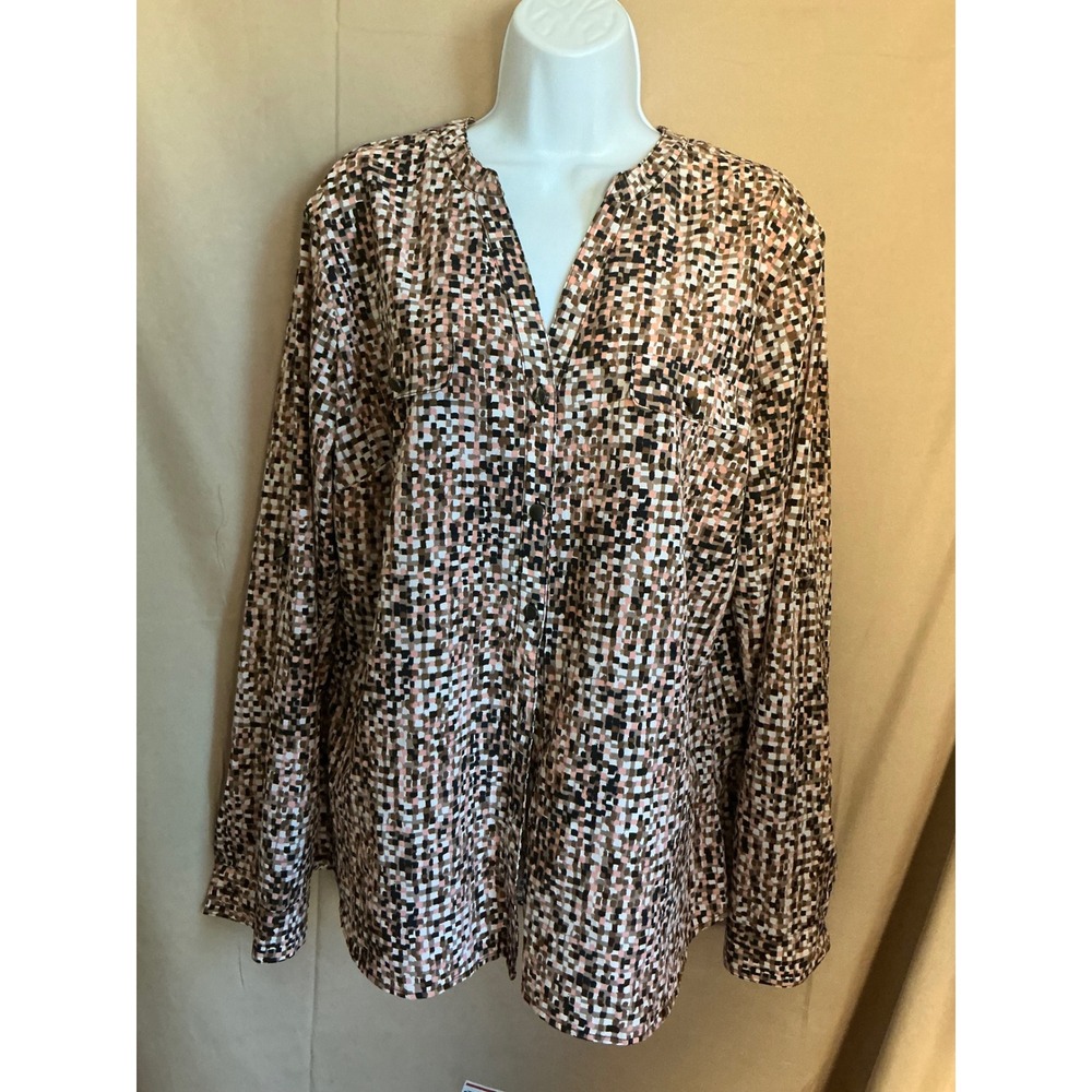 Laura Scott Blouse Womens Large Brown Geometric Mosaic Roll Tab Excellent V-Neck